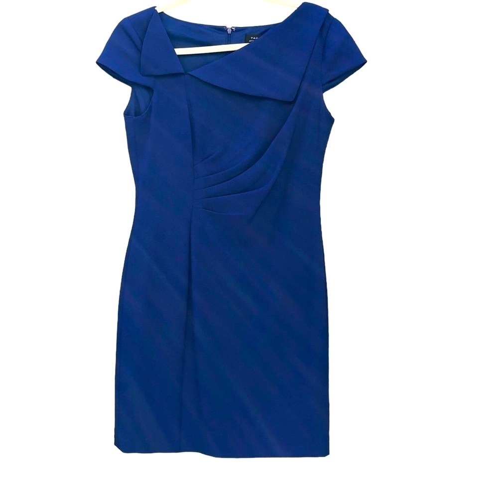 Tahari Royal Blue Asymmetrical Collar Cap Sleeve Sheath Dress Size 8